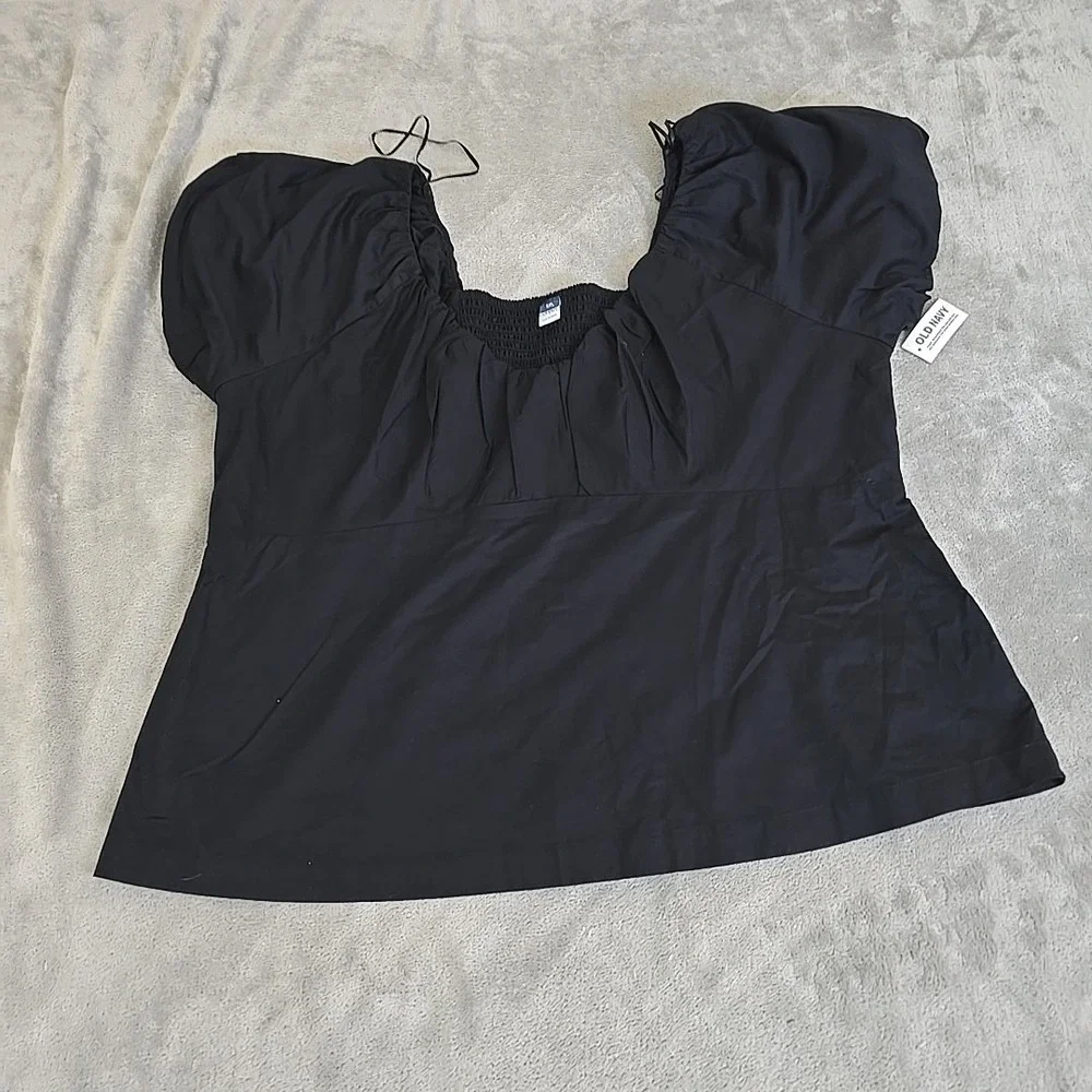 Old Navy Blouse Womens 3XL Black Puff Sleeve Shirred Sweetheart Neck Textured